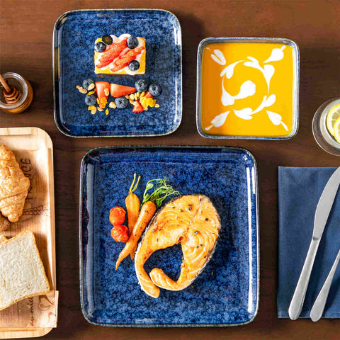 Stern 12-Piece Blue Stoneware Dinnerware Set - Featuring a Reactive Glaze and Modern Square Design - Service for 4 - A Compact Set Infused with Farmhouse Charm-vancasso