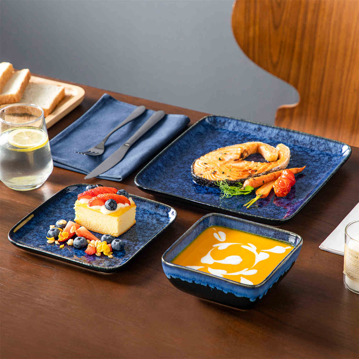 Stern 12-Piece Blue Stoneware Dinnerware Set - Featuring a Reactive Glaze and Modern Square Design - Service for 4 - A Compact Set Infused with Farmhouse Charm-vancasso