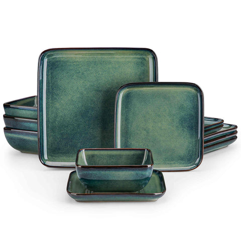 Stern 12-Piece Green Stoneware Dinnerware Set - Featuring a Reactive Glaze and Modern Square Design - Service for 4 - A Compact Set Infused with Farmhouse Charm-vancasso