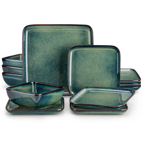 Stern 12-Piece Green Stoneware Dinnerware Set - Featuring a Reactive Glaze and Modern Square Design - Service for 4 - A Compact Set Infused with Farmhouse Charm-vancasso