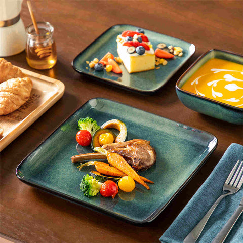 Stern 12-Piece Green Stoneware Dinnerware Set - Featuring a Reactive Glaze and Modern Square Design - Service for 4 - A Compact Set Infused with Farmhouse Charm-vancasso