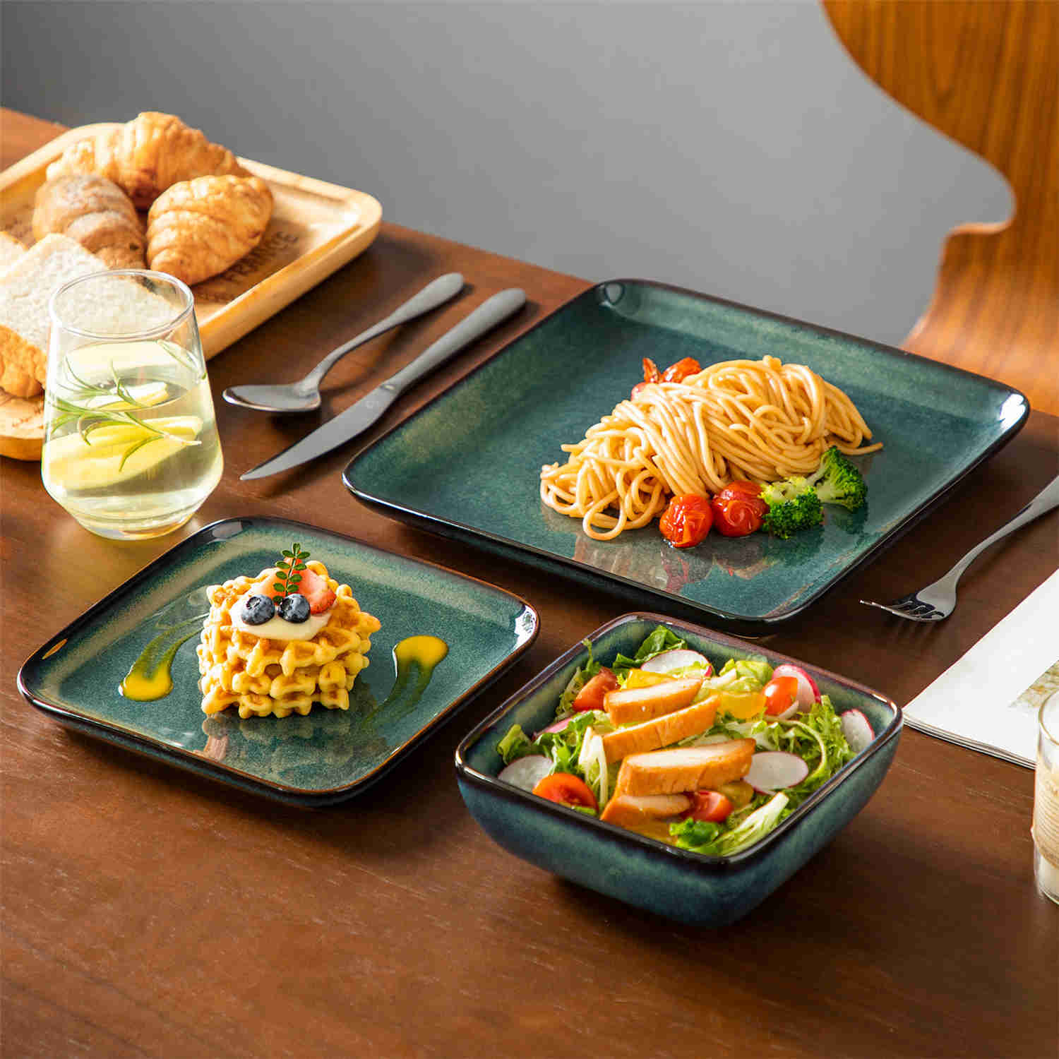 Stern 12-Piece Green Stoneware Dinnerware Set - Featuring a Reactive Glaze and Modern Square Design - Service for 4 - A Compact Set Infused with Farmhouse Charm-vancasso