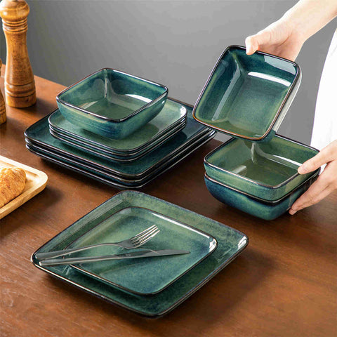 Stern 12-Piece Green Stoneware Dinnerware Set - Featuring a Reactive Glaze and Modern Square Design - Service for 4 - A Compact Set Infused with Farmhouse Charm-vancasso