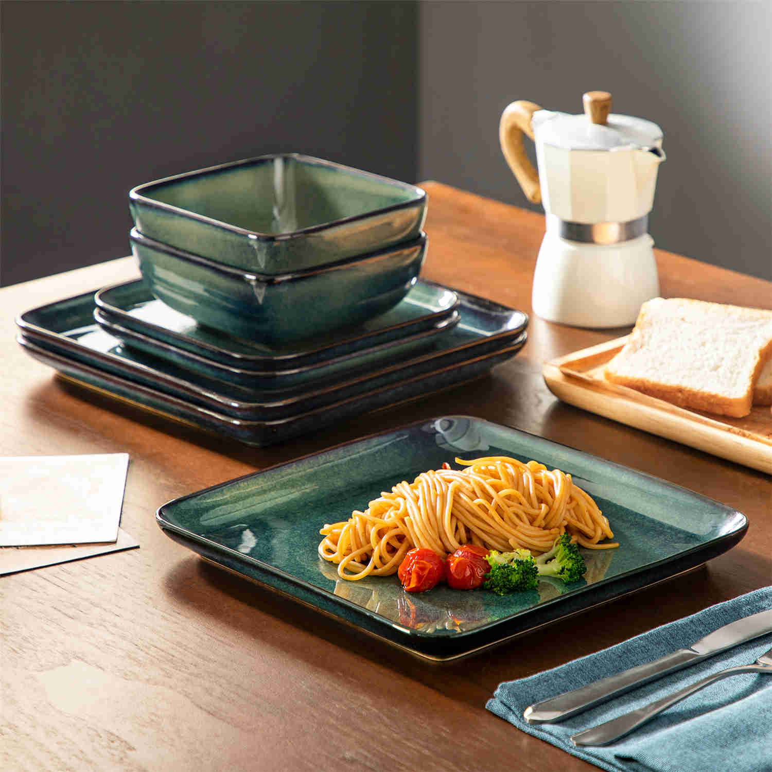 Stern 12-Piece Green Stoneware Dinnerware Set - Featuring a Reactive Glaze and Modern Square Design - Service for 4 - A Compact Set Infused with Farmhouse Charm-vancasso