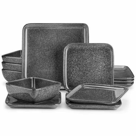 Stern 12-Piece Gray Stoneware Dinnerware Set - Featuring a Reactive Glaze and Modern Square Design - Service for 4 - A Compact Set Infused with Farmhouse Charm-vancasso