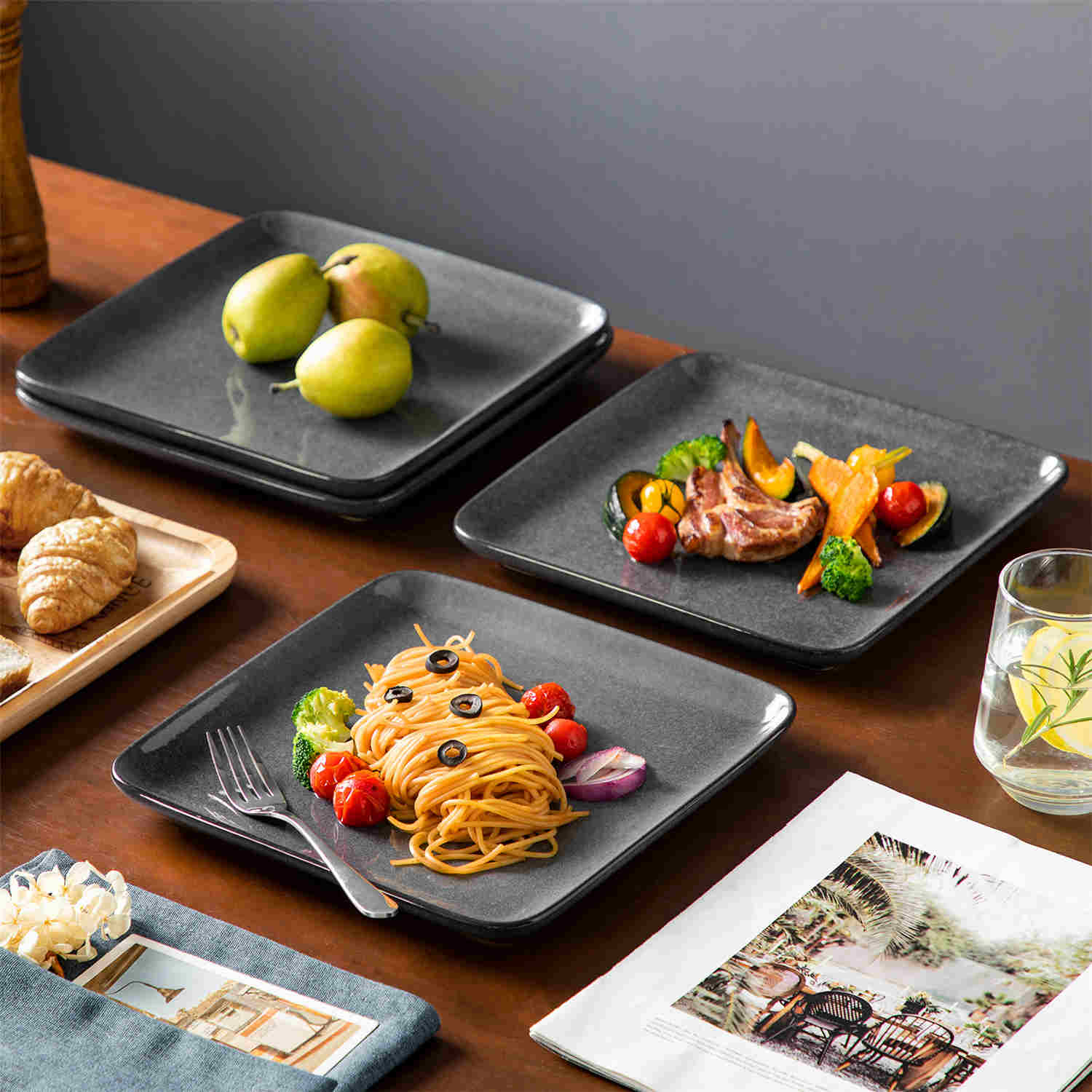 Stern 12-Piece Gray Stoneware Dinnerware Set - Featuring a Reactive Glaze and Modern Square Design - Service for 4 - A Compact Set Infused with Farmhouse Charm-vancasso