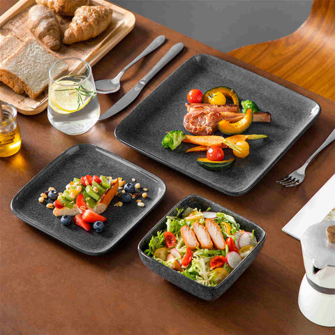 Stern 12-Piece Gray Stoneware Dinnerware Set - Featuring a Reactive Glaze and Modern Square Design - Service for 4 - A Compact Set Infused with Farmhouse Charm-vancasso