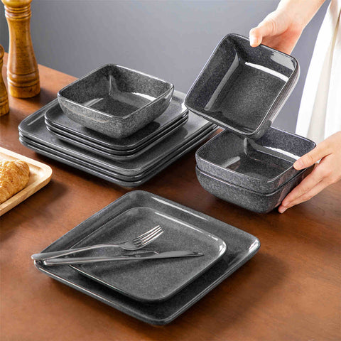 Stern 12-Piece Gray Stoneware Dinnerware Set - Featuring a Reactive Glaze and Modern Square Design - Service for 4 - A Compact Set Infused with Farmhouse Charm-vancasso