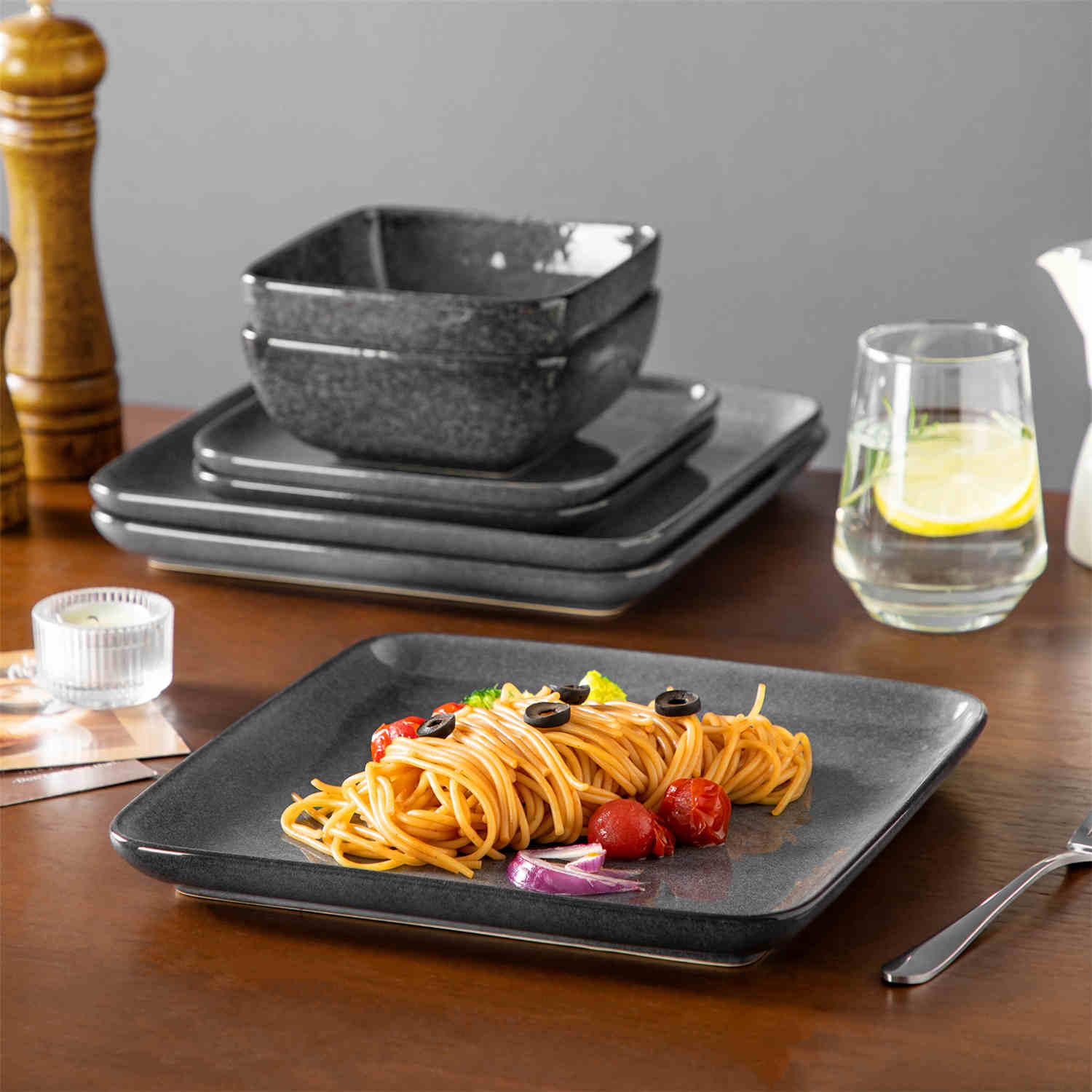 Stern 12-Piece Gray Stoneware Dinnerware Set - Featuring a Reactive Glaze and Modern Square Design - Service for 4 - A Compact Set Infused with Farmhouse Charm-vancasso