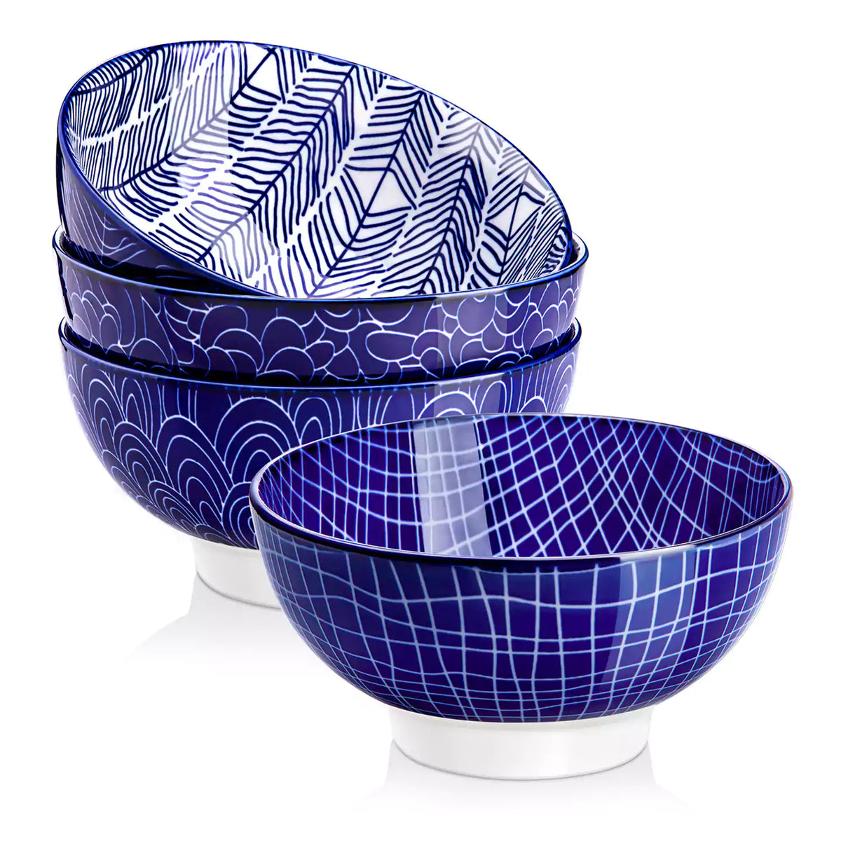 Takaki Cereal Bowls Set of 4 featuring geometric floral patterns in deep navy blue - offering a chic Japanese-inspired touch, filled with hearty oatmeal-vancasso