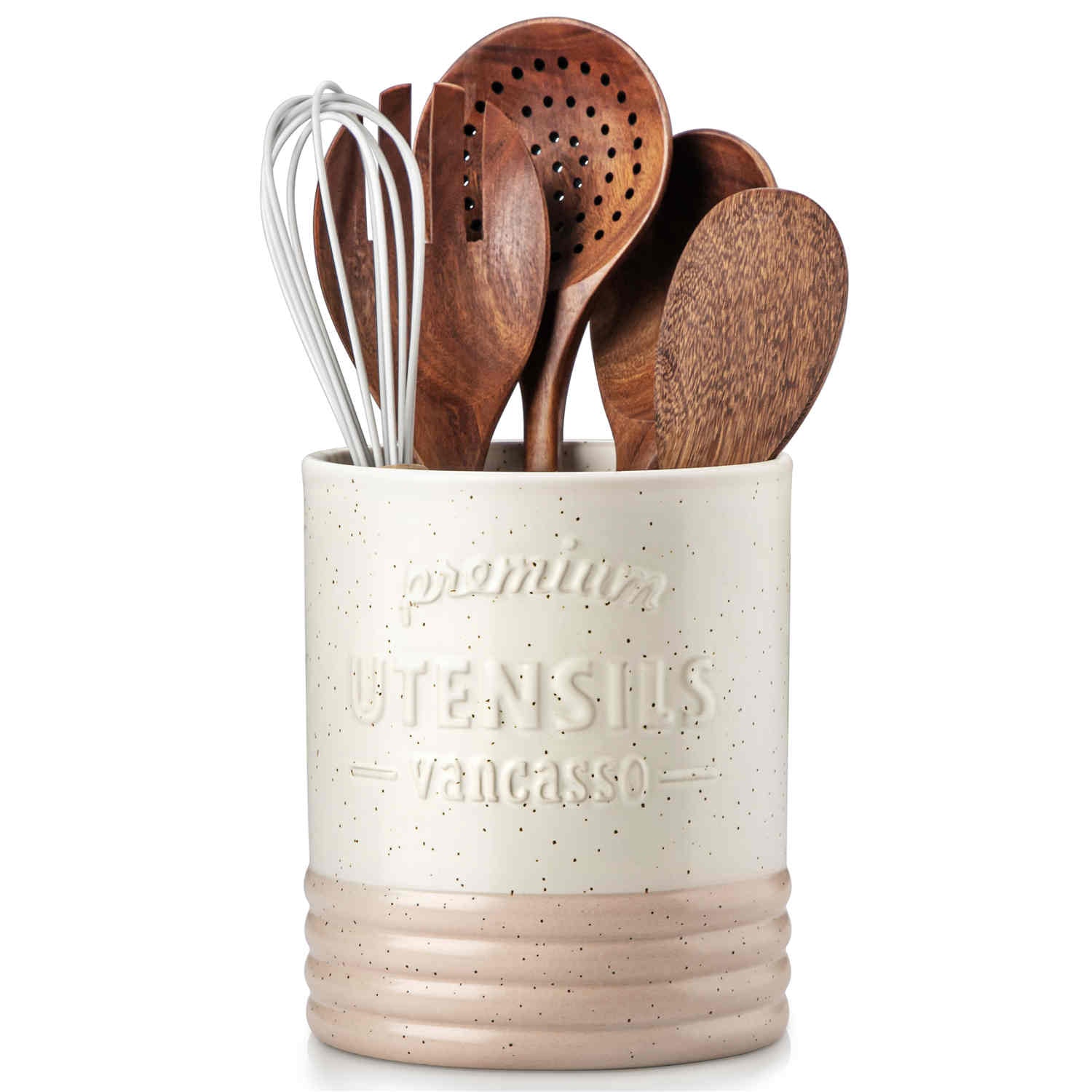 Embossed and Speckled Beige Sesame Glaze Sabine Medium Stoneware Utensil Holder-vancasso