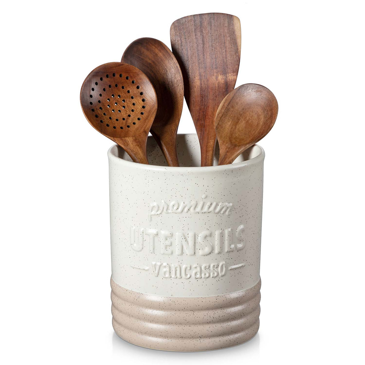 Embossed and Speckled Beige Sesame Glaze Sabine Large Stoneware Utensil Holder-vancasso