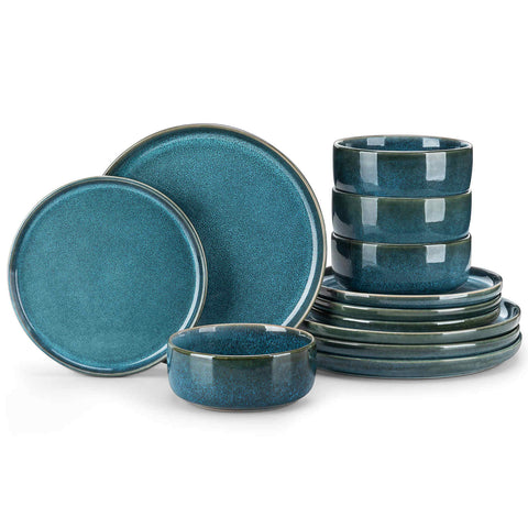 Vega 12-Piece Dinnerware Set in blue stoneware with reactive glaze - featuring farmhouse charm - includes plates and bowls for 3-vancasso