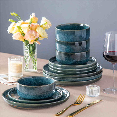 Vega 12-Piece Dinnerware Set in blue stoneware with reactive glaze - featuring farmhouse charm - includes plates and bowls for 3-vancasso