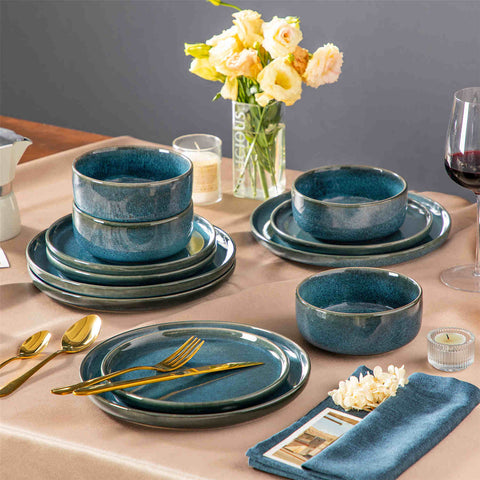 Vega 12-Piece Dinnerware Set in blue stoneware with reactive glaze - featuring farmhouse charm - includes plates and bowls for 3-vancasso