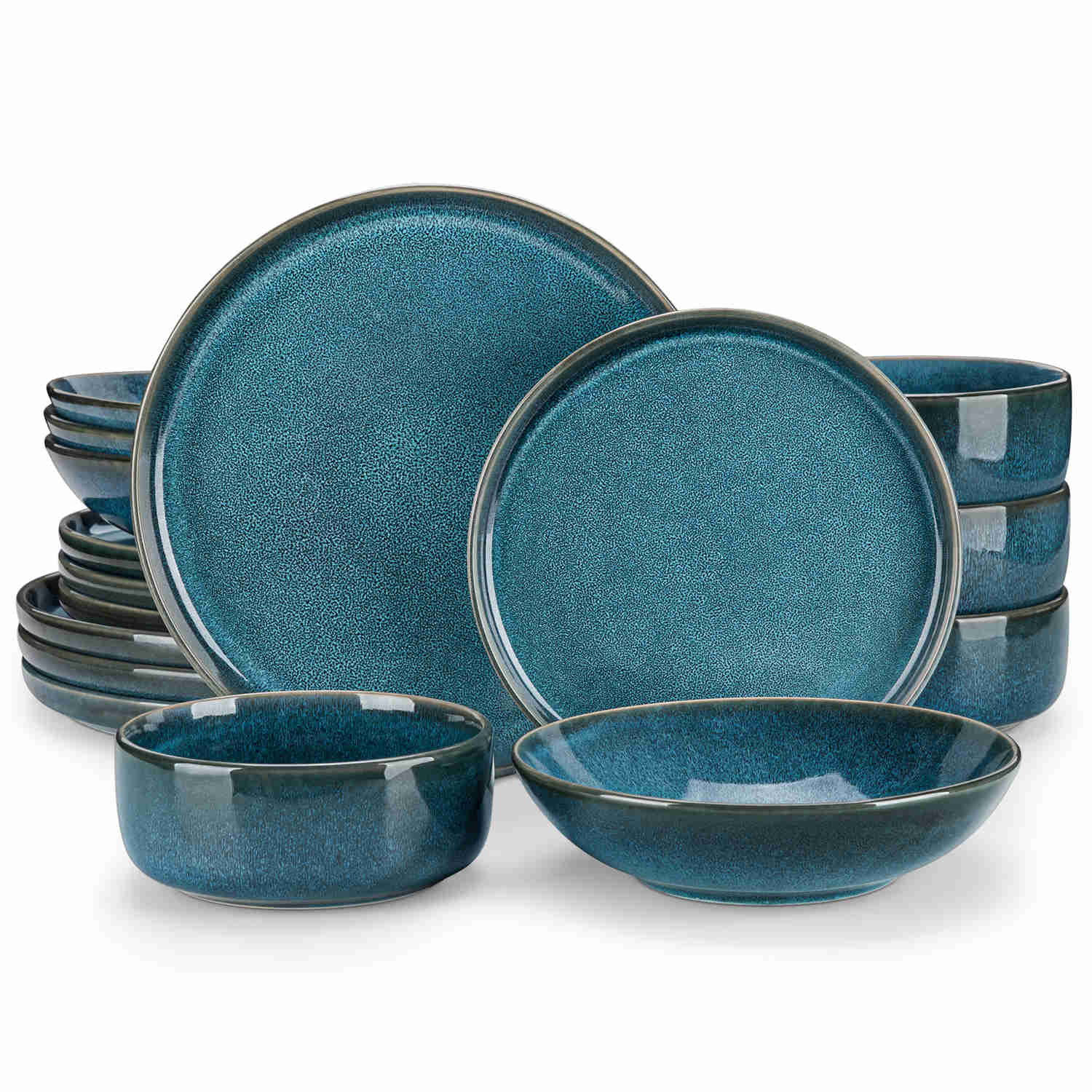 vancasso Vega 16-Piece Stoneware Dinnerware Set, Showcasing a Stunning Reactive Glaze Finish that Creates Unique, Vibrant Patterns on Each Piece. Featuring Dual-Sided Kiln Transformations, This Set Adds Depth and Character to Your Table Setting.