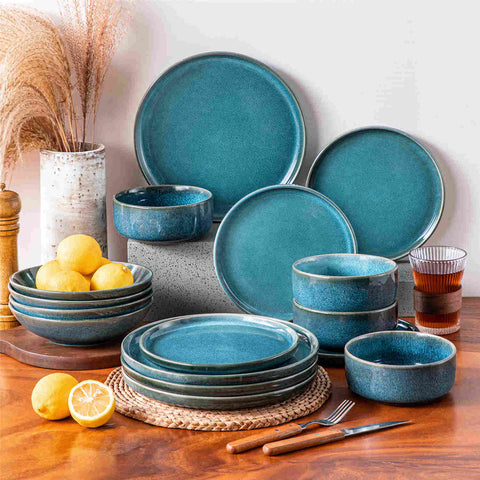 vancasso Vega 16-Piece Stoneware Dinnerware Set, Showcasing a Stunning Reactive Glaze Finish that Creates Unique, Vibrant Patterns on Each Piece. Featuring Dual-Sided Kiln Transformations, This Set Adds Depth and Character to Your Table Setting.