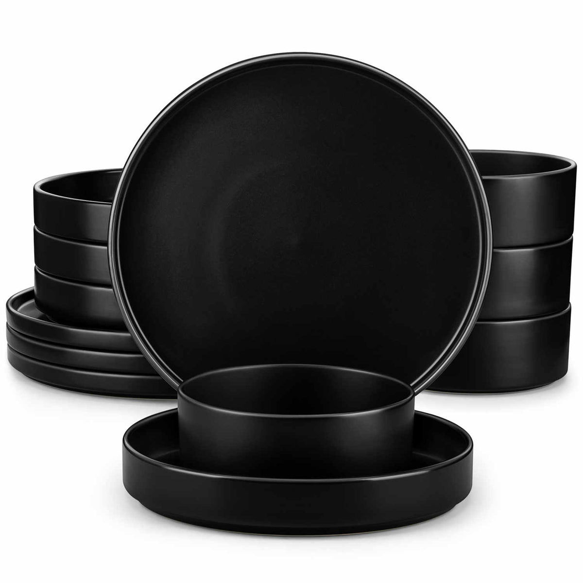 Modern Venus Semi-Matte Black 12 Piece Stoneware Dinnerware Set with Plates and Bowls-vanacasso