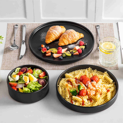 Modern Venus Semi-Matte Black 12 Piece Stoneware Dinnerware Set with Plates and Bowls-vanacasso