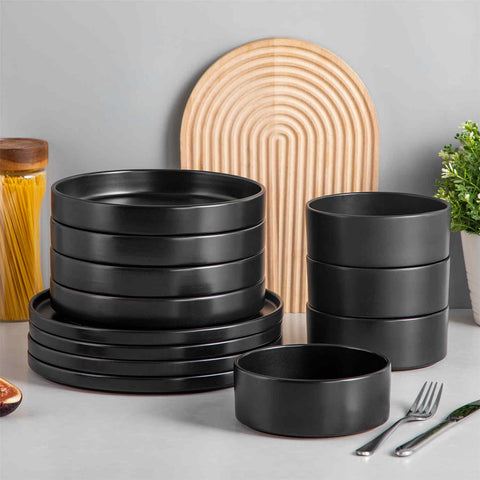 Modern Venus Semi-Matte Black 12 Piece Stoneware Dinnerware Set with Plates and Bowls-vanacasso