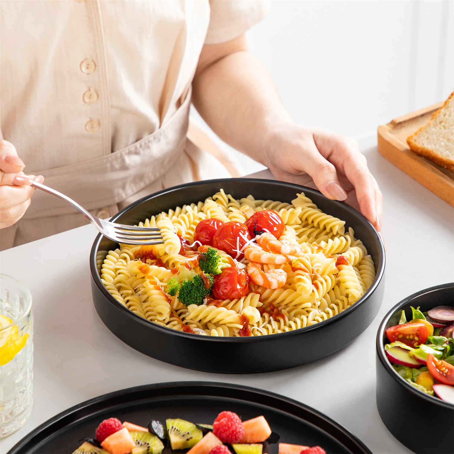 Modern Venus Semi-Matte Black 12 Piece Stoneware Dinnerware Set with Plates and Bowls-vanacasso