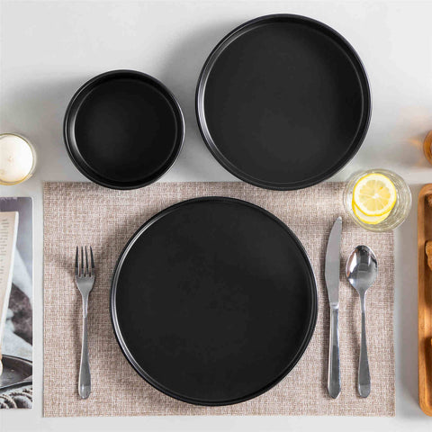 Modern Venus Semi-Matte Black 12 Piece Stoneware Dinnerware Set with Plates and Bowls-vanacasso