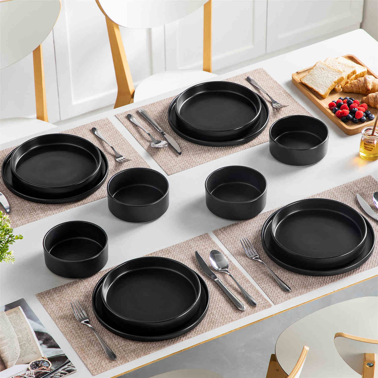 Modern Venus Semi-Matte Black 12 Piece Stoneware Dinnerware Set with Plates and Bowls-vanacasso