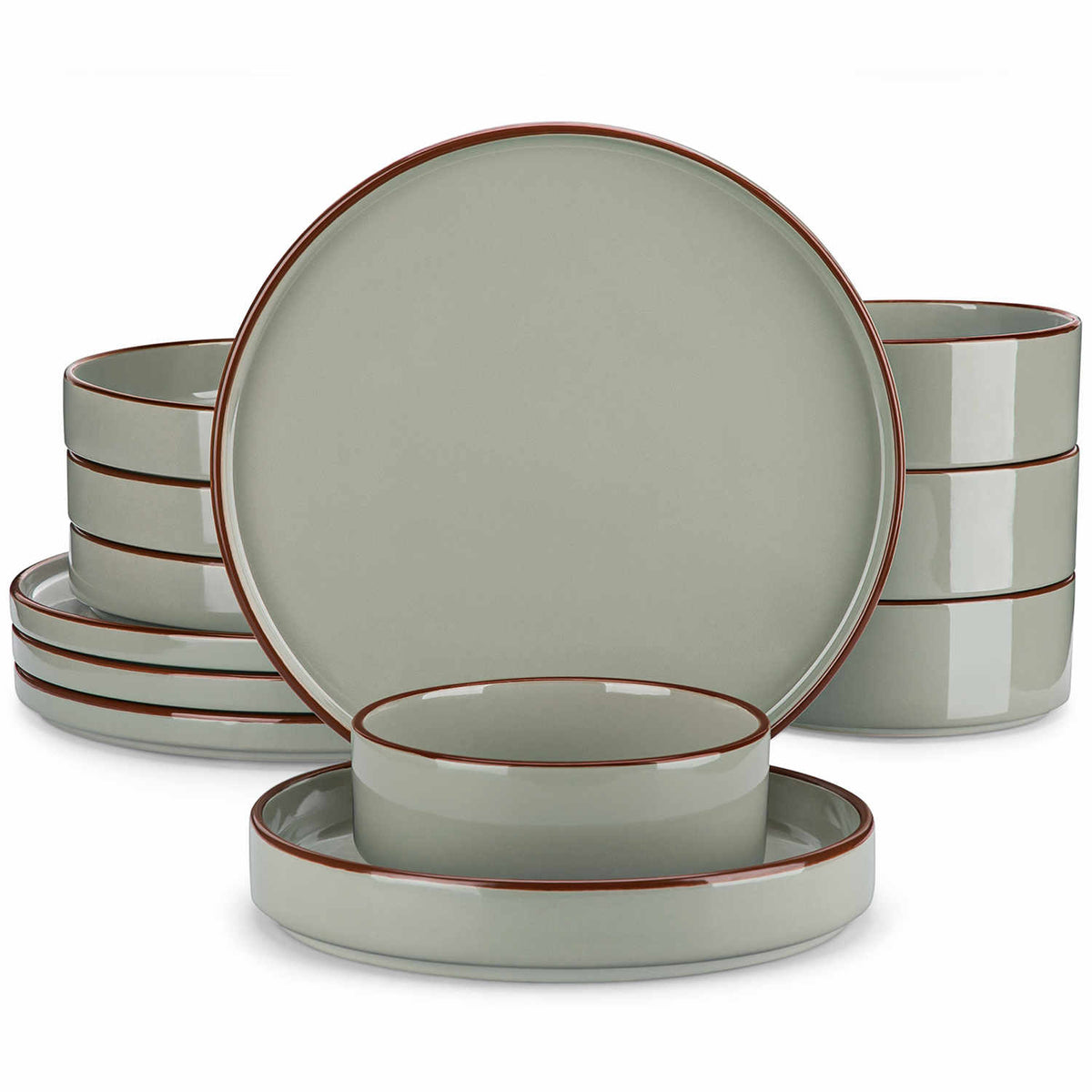 Modern Venus Glossy Green 12 Piece Stoneware Dinnerware Set with Brown Trims-vanacasso