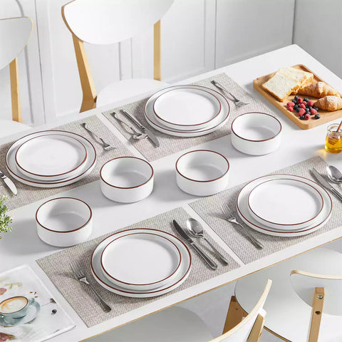 Modern Venus Glossy White 12 Piece Stoneware Dinnerware Set with Brown Trims-vanacasso