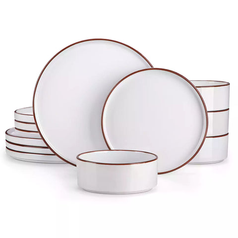 Modern Venus Glossy White 12 Piece Stoneware Dinnerware Set with Brown Trims-vanacasso