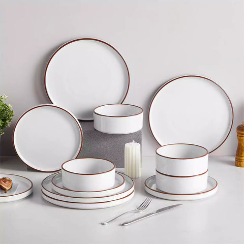 Modern Venus Glossy White 12 Piece Stoneware Dinnerware Set with Brown Trims-vanacasso