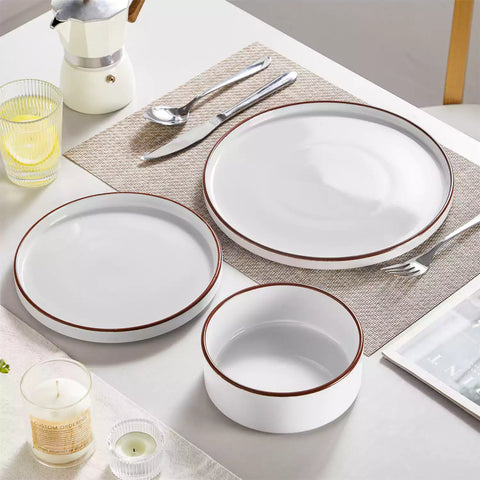 Modern Venus Glossy White 12 Piece Stoneware Dinnerware Set with Brown Trims-vanacasso