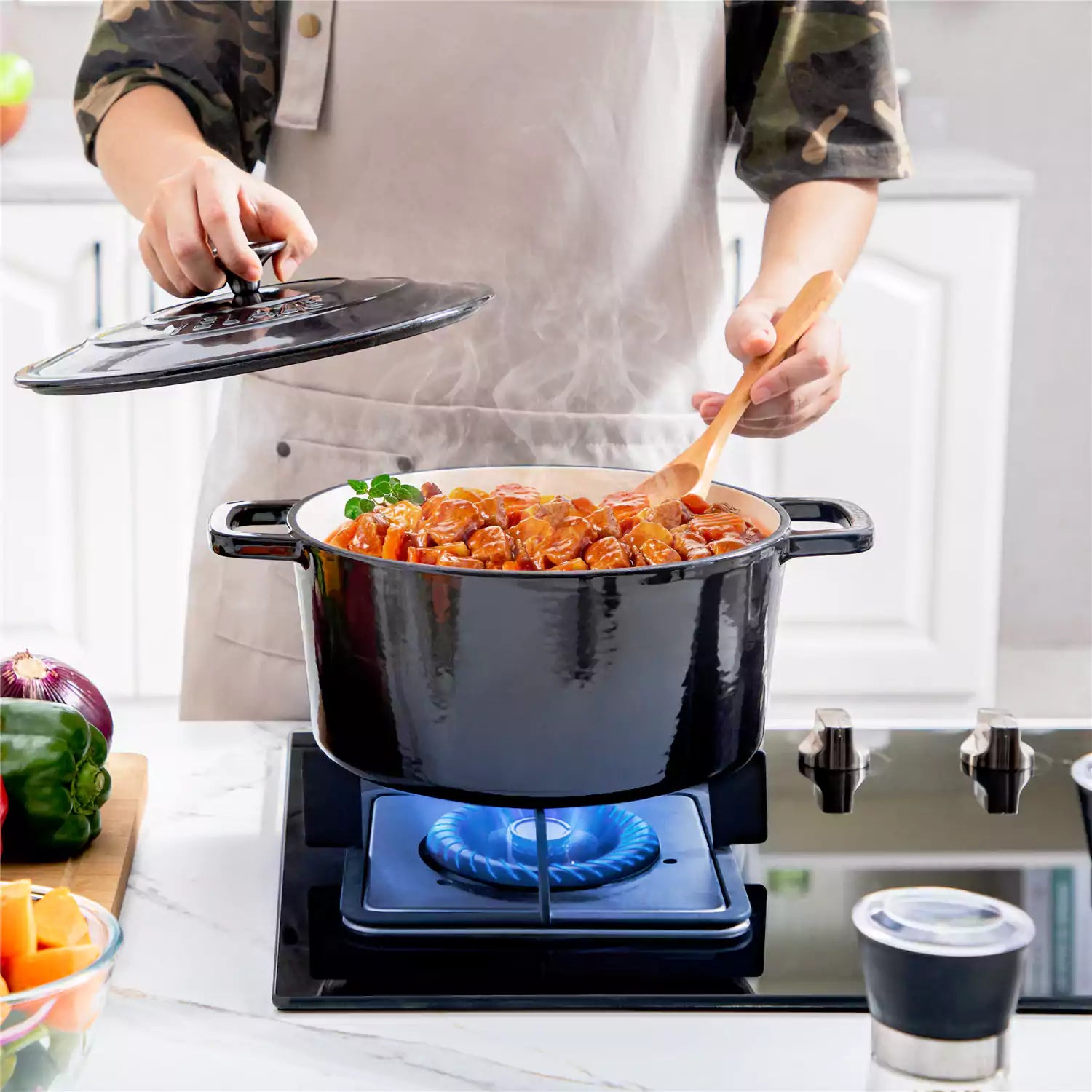 Velaze 6qt Enameled Cast Iron Round Dutch Oven With Lid - Featuring A Durable Enamel Finish - Ideal For Slow Cooking - Baking - And Braising - Black