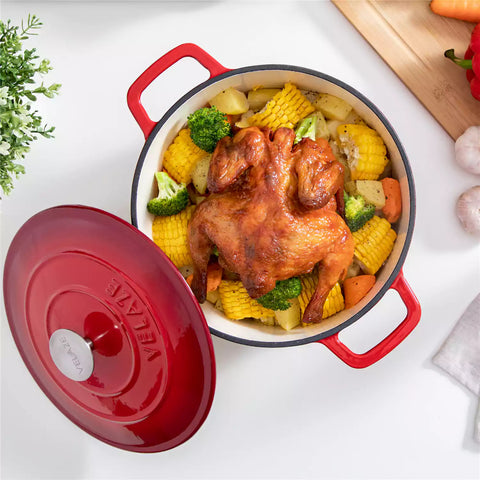 Velaze 6qt Enameled Cast Iron Round Dutch Oven With Lid - Featuring A Durable Enamel Finish - Ideal For Slow Cooking - Baking - And Braising - Red